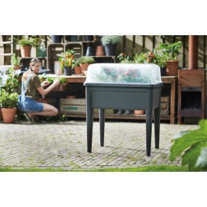 Serra da semina Elho XXL Green Basics, 75x36 cm, trasparente, su un tavolo da coltivazione in giardino.