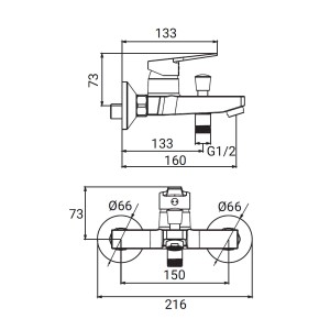Disegno tecnico: Miscelatore per vasca t.b.t. con dimensioni.