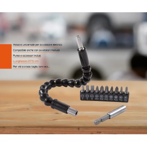 Attacco flessibile per trapano con set di punte per aree difficili da raggiungere.