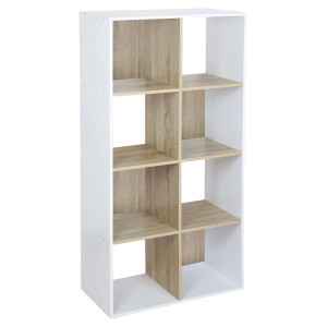 Libreria t.b.t. con 8 scomparti, bianco e effetto legno, per soggiorno o ufficio.