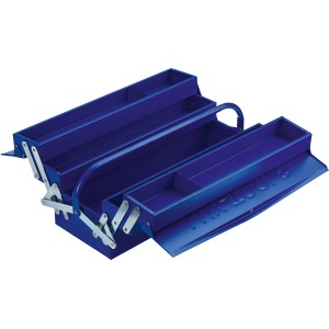 Cassetta degli attrezzi LUX Profi blu aperta, in lamiera d'acciaio con 5 scomparti.