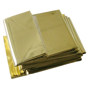 Coperte di emergenza LUX dorate impilate, 160x210cm. Guasti e pronto soccorso.