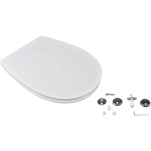 Sedile WC t.b.t. bianco con accessori di montaggio per l'installazione.