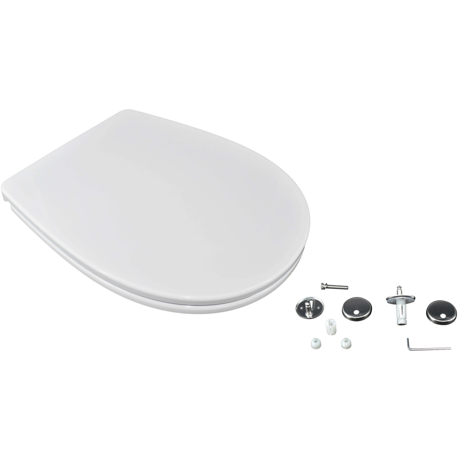 Sedile WC t.b.t. bianco con accessori di montaggio per l'installazione.