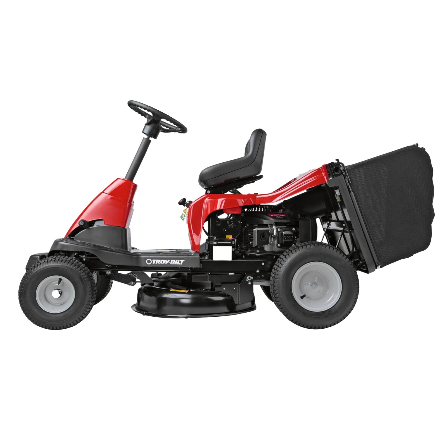 Troy-Bilt Mini-Rider 60T-R trattorino tagliaerba con scarico posteriore e sacco di raccolta.