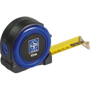 Metro a nastro LUX Professional 10 m, custodia blu e nera, nastro giallo con marcature cm/mm.
