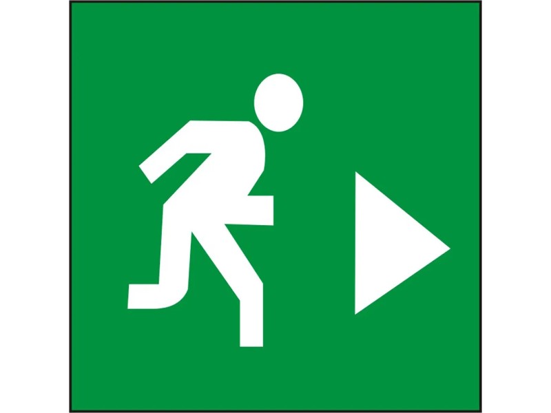 Cartello Fotoluminescente Uscita Freccia Destra - Uomo In Corsa, Alluminio 4.5x9, Buildingsigns.com