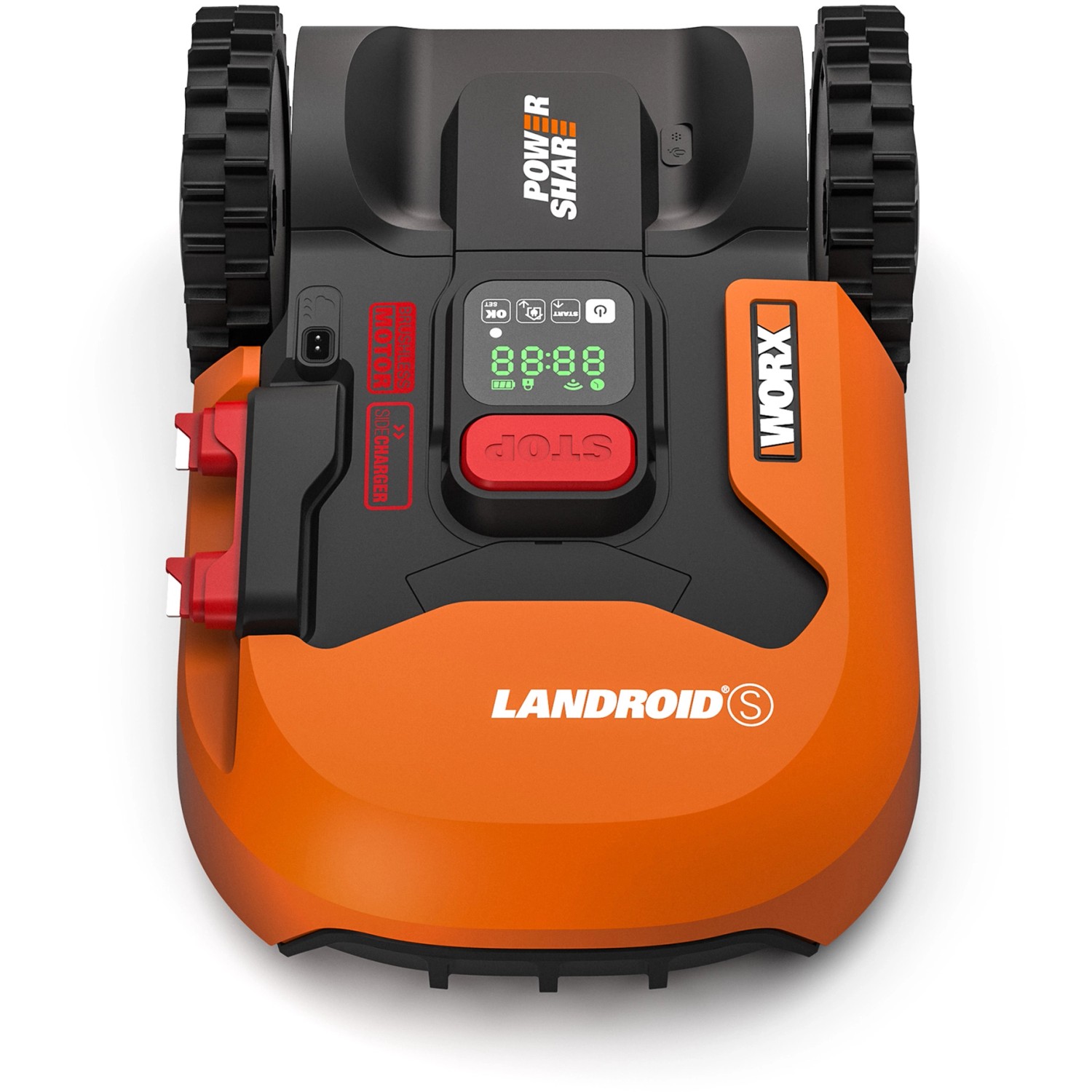 Robot rasaerba Worx Landroid S300, arancione e nero, con display e batteria PowerShare.
