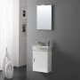 Set di mobili da bagno moderni bianchi con lavabo, mobile sottolavabo e specchio.