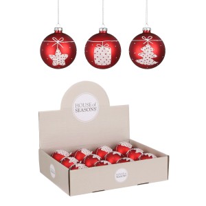 Palline di Natale rosse in vetro (Ø 8 cm) con decorazioni bianche in scatola.