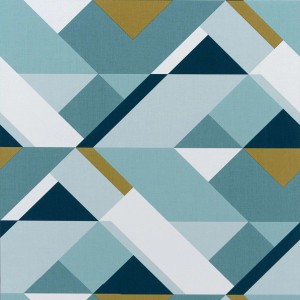 Carta da parati decorativa con motivo geometrico nei toni del blu, bianco e oro.