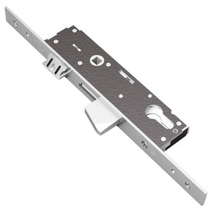 Serratura da infilare per porte interne, color argento, vista dettagliata.
