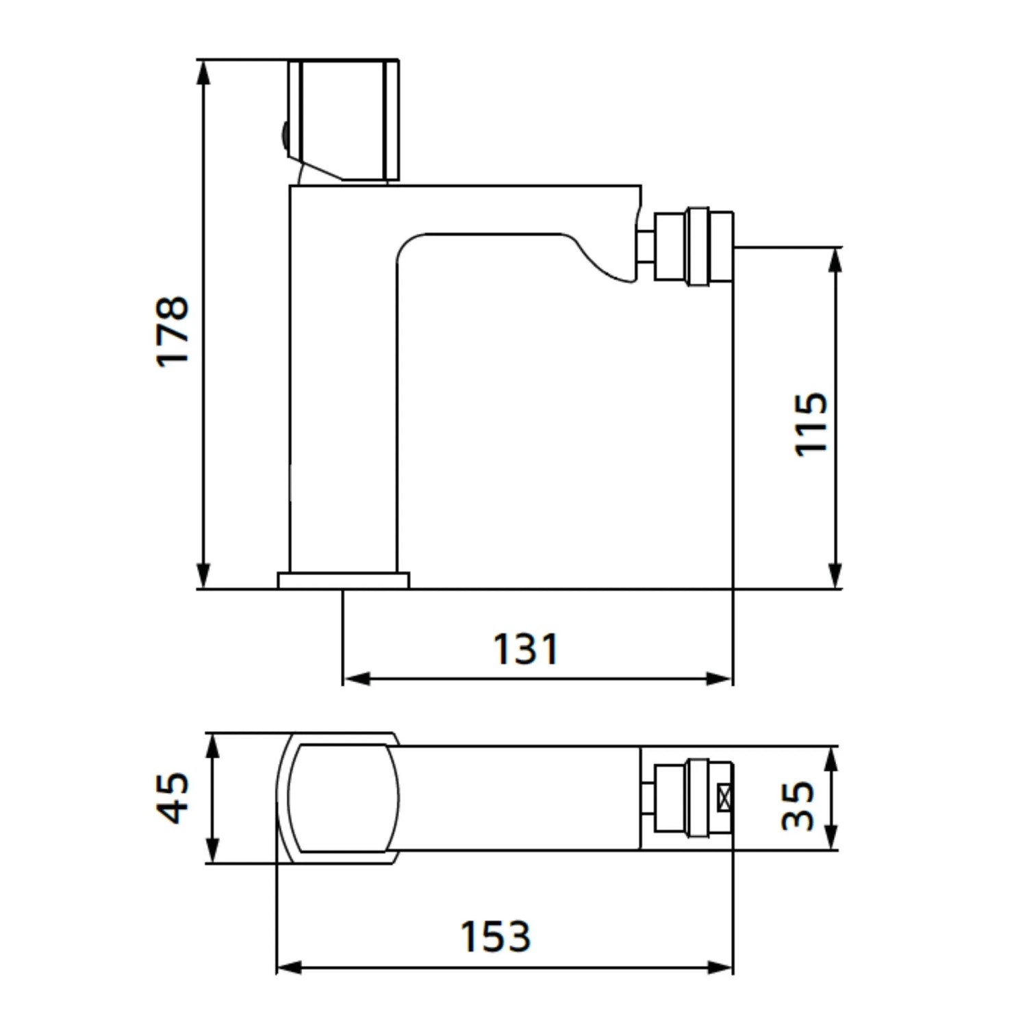 Disegno tecnico: Rubinetto doccia t.b.t. con dimensioni.