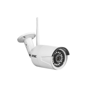 Telecamera di videosorveglianza bianca con antenna per esterni.