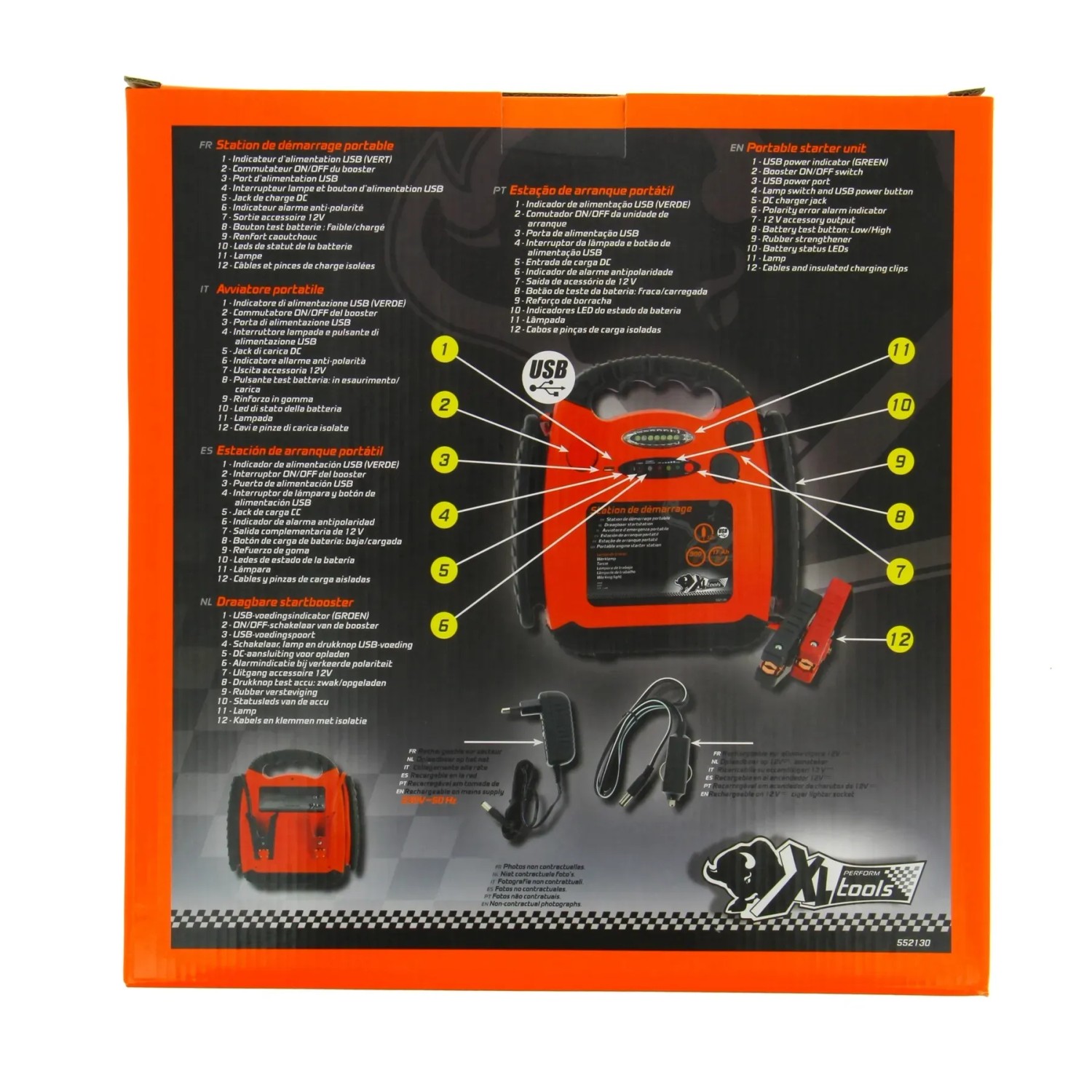 Confezione di un avviatore di emergenza portatile per auto con accessori.