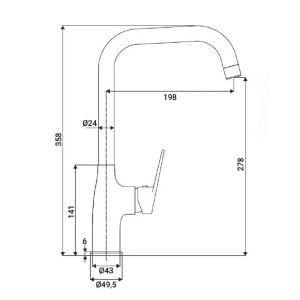Disegno tecnico: Miscelatore cucina t.b.t. con dimensioni.