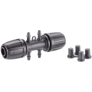Connettore nero t.b.t. per microirrigazione con quattro tappi terminali.