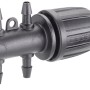 Connettore nero t.b.t. per microirrigazione con quattro tappi terminali.
