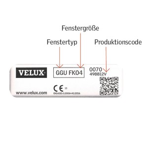 Targhetta identificativa per finestre da tetto Velux: dimensioni, tipo e codice di produzione.