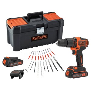 Set avvitatore a percussione Black+Decker con batterie, caricabatterie, set di punte, viti e valigetta.