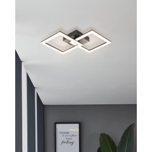 Plafoniera LED nera moderna Huerta-E con due elementi luminosi quadrati. 4.000 K.