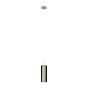 Moderna lampada a sospensione t.b.t. con paralume cilindrico in oro e nero.