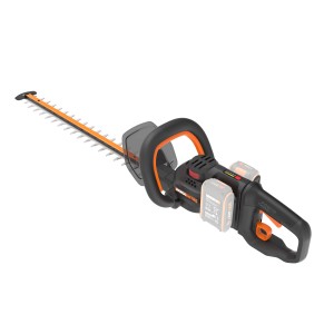 Tagliasiepi a batteria t.b.t. con lame arancioni e manico nero.