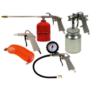 Set di vari utensili pneumatici e accessori per compressori.