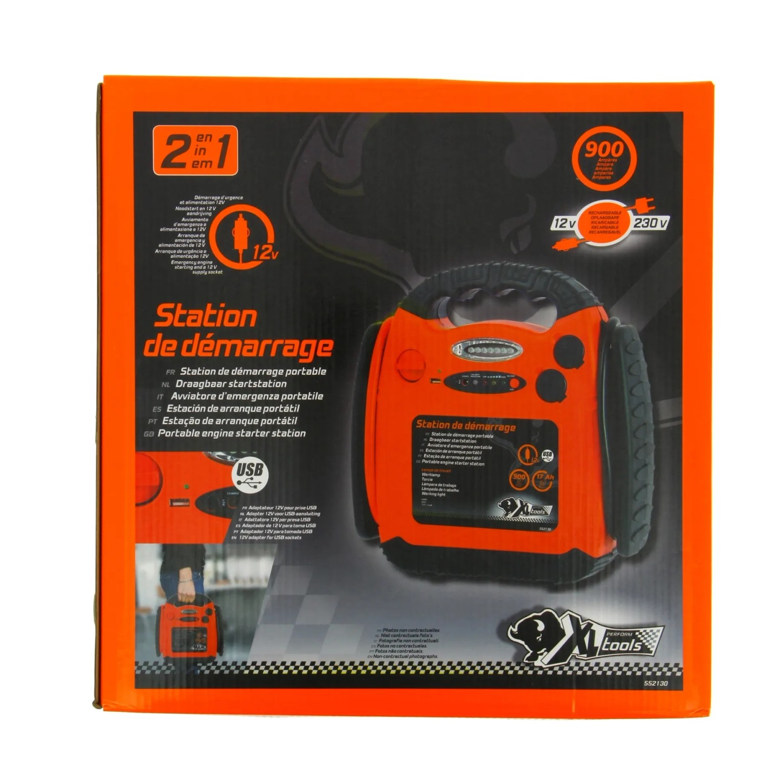 Avviatore di emergenza XL Tools arancione/nero, confezionato in scatola.