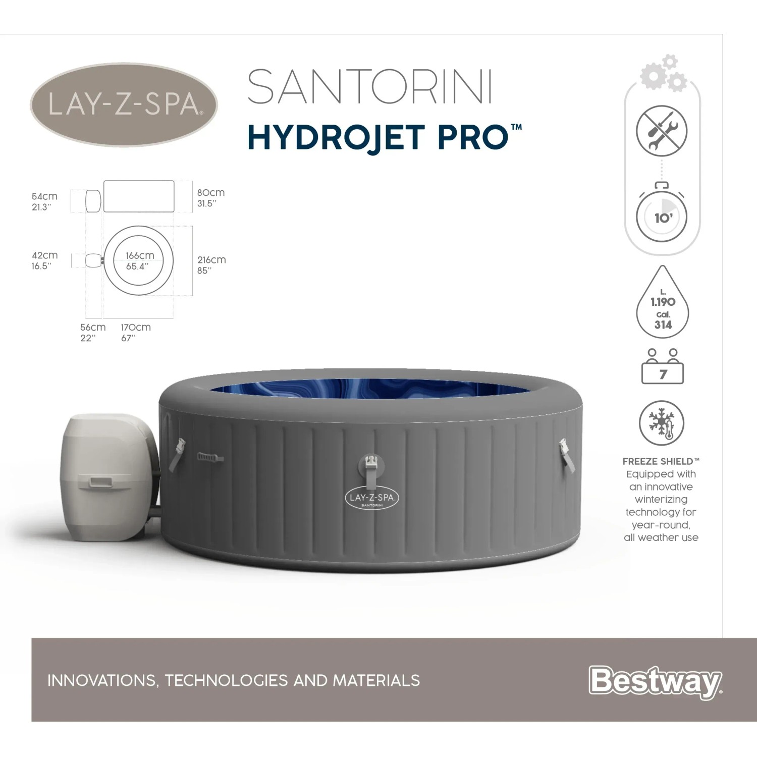 Bestway LAY-Z-SPA Santorini HydroJet Pro, vasca idromassaggio gonfiabile grigia per 7 persone.