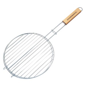 Griglia rotonda per barbecue con manico in legno.