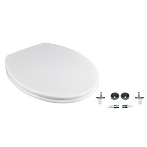 Sedile WC t.b.t. bianco con accessori di montaggio per una facile installazione.