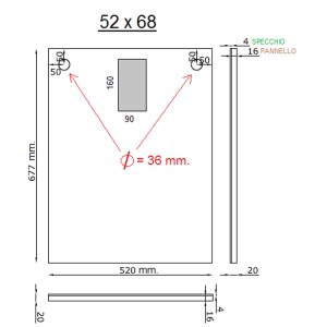 Disegno tecnico di uno specchio con dimensioni (52x68 cm) e dettagli di montaggio.