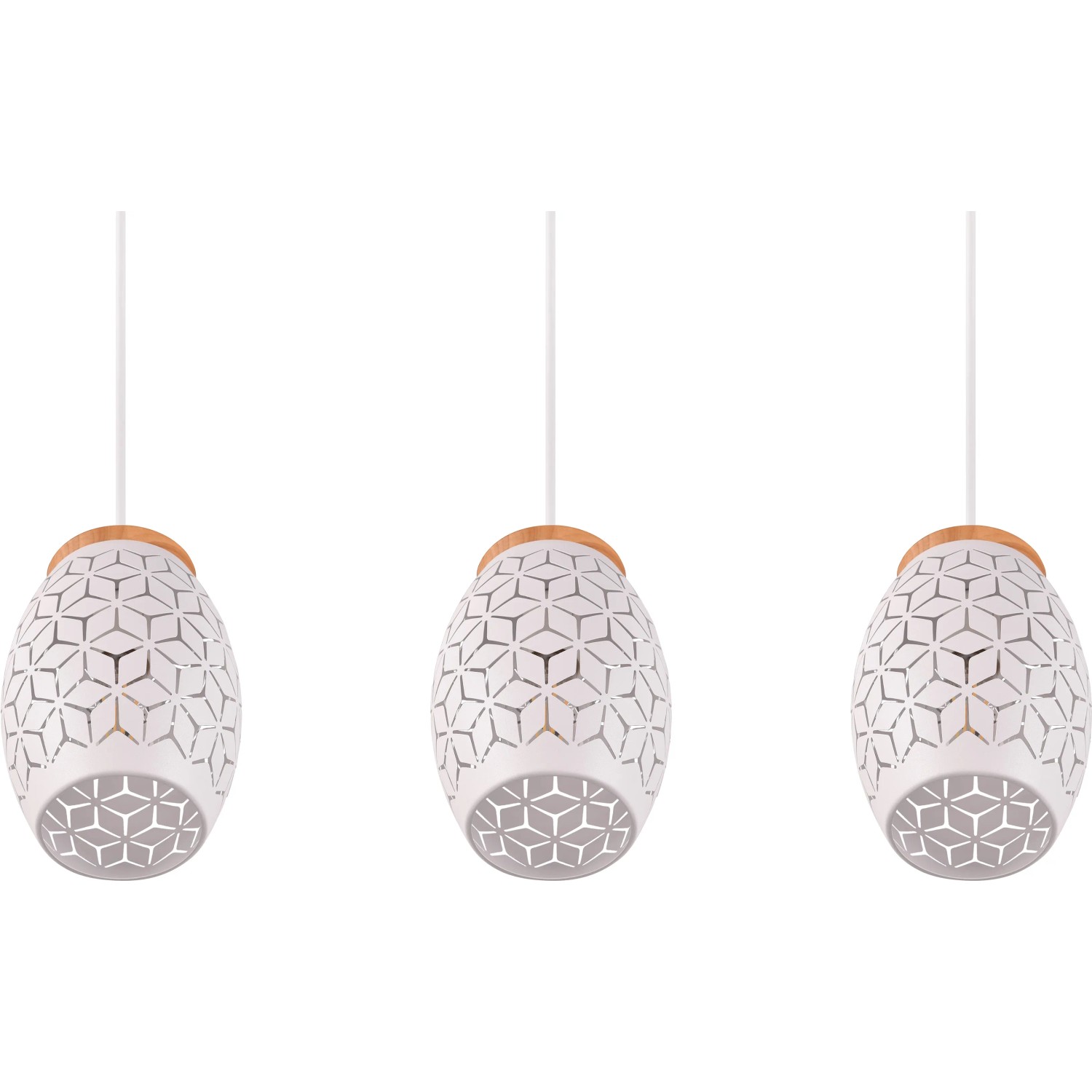 Lampada a sospensione Reality Bidar, 3 luci, bianco opaco con legno, lampada a sospensione per soggiorno.