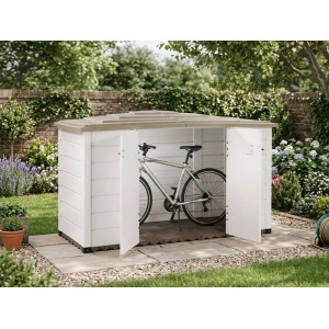 Box bidoni Garofalo Tuscany Evo 200 con bicicletta in giardino.