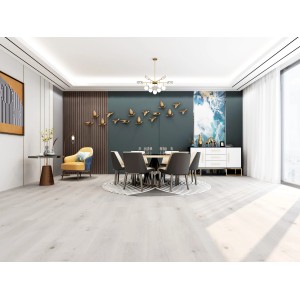 Pavimento vinilico chiaro in soggiorno con tavolo da pranzo e decorazioni.