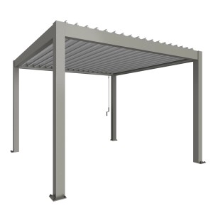 Pergola Biohort in grigio quarzo/argento metallizzato, una moderna copertura per patio con lamelle.