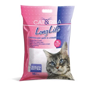 Lettiera per gatti t.b.t. non agglomerante con cristalli di silicio in sacco rosa e blu.