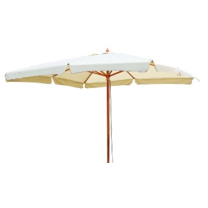 Ombrellone t.b.t. con struttura in legno e telo chiaro.