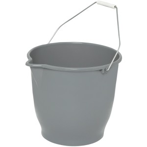 Secchio grigio per pulizia con manico in metallo e impugnatura bianca.