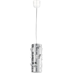 Moderna lampada a sospensione t.b.t. con paralume argentato, decorato con motivi floreali e farfalle.