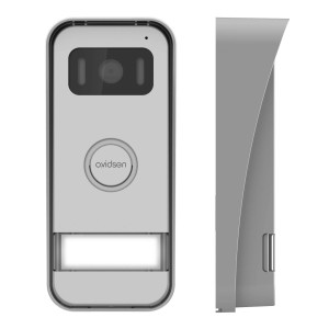 Sistema citofonico Avidsen, alloggiamento grigio, vista frontale e laterale.