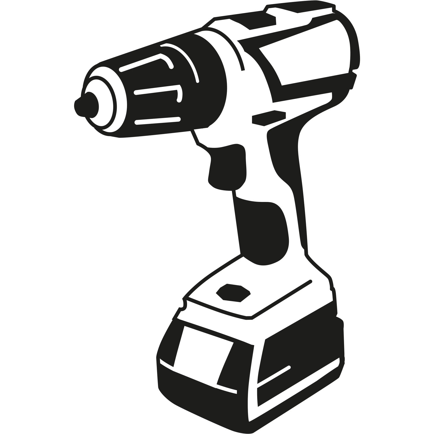 Illustrazione in bianco e nero di un trapano avvitatore a batteria.
