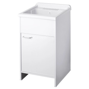 Mobile lavatoio bianco con anta e lavabo integrato.