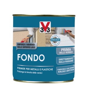 Barattolo blu scuro di primer per metalli e plastica.