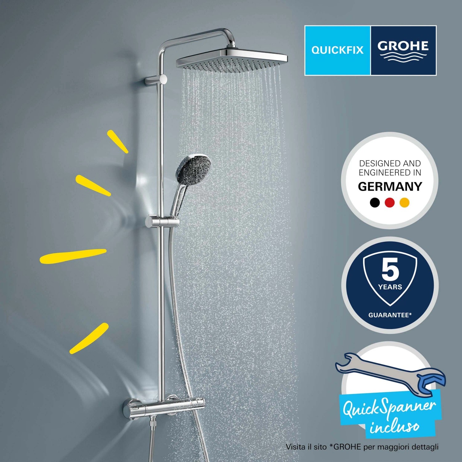 Set soffioni Grohe con soffione e doccetta, effetto cromo.