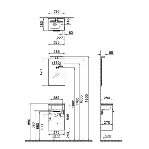 Disegno tecnico del set di mobili bagno t.b.t. con misure per la progettazione e l'installazione.