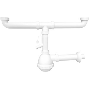 Sifone bianco per lavabo con tubi e raccordo di scarico.