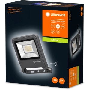 Faretto LED da esterno Ledvance Endura Flood 20W, grigio scuro, nella confezione del prodotto.