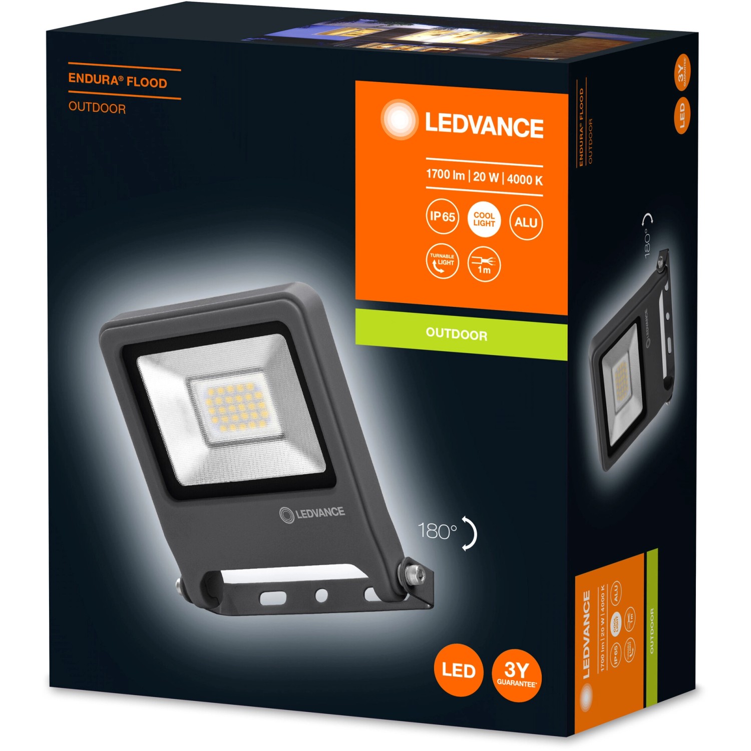 Faretto LED da esterno Ledvance Endura Flood 20W, grigio scuro, nella confezione del prodotto.